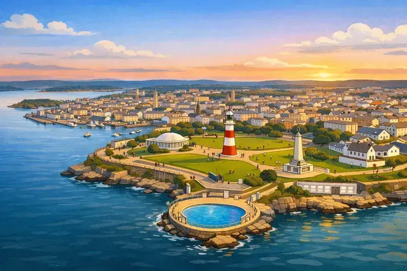 Aerial view of Plymouth Hoe waterfront with Smeaton Tower lighthouse and the Sound