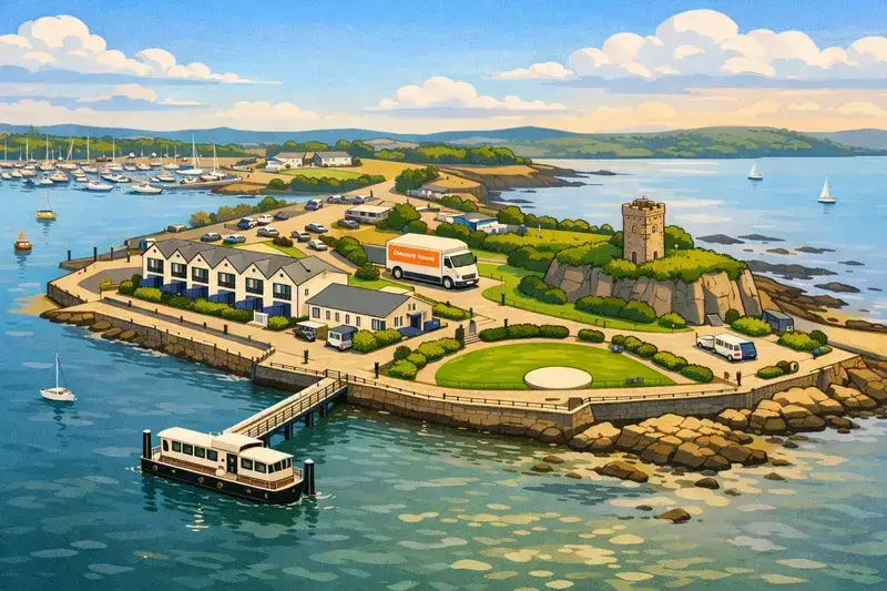 Coastal view of Plymstock with marina, harbour and historic tower overlooking Plymouth Sound