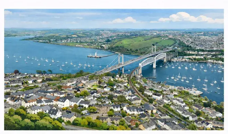 Aerial view of Saltash and the Tamar Bridge connecting Cornwall to Plymouth