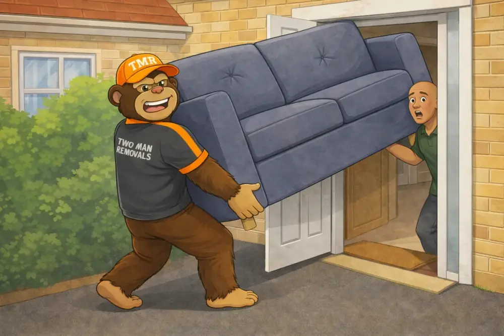 Furniture delivery Plymouth — Two Man Removals carrying a sofa through a Plymouth doorway