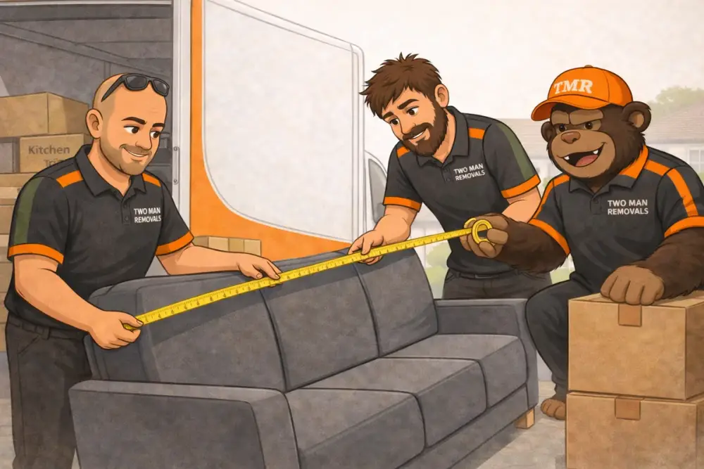 Furniture delivery Plymouth — Two Man Removals crew measuring a sofa before loading the van