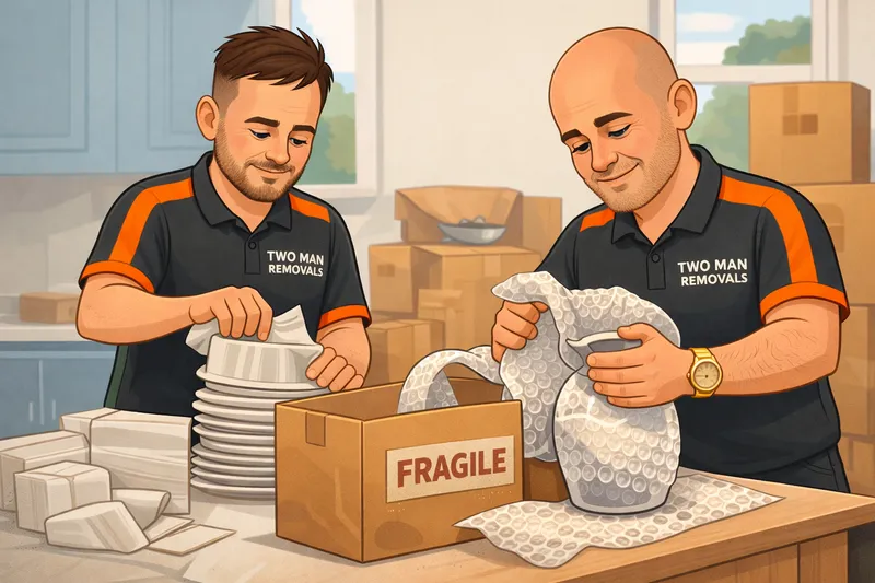 Two Man Removals team wrapping fragile items in bubble wrap for a house move