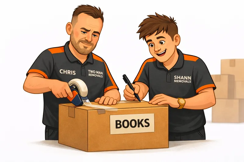Two Man Removals team labelling and sealing moving boxes for a house move