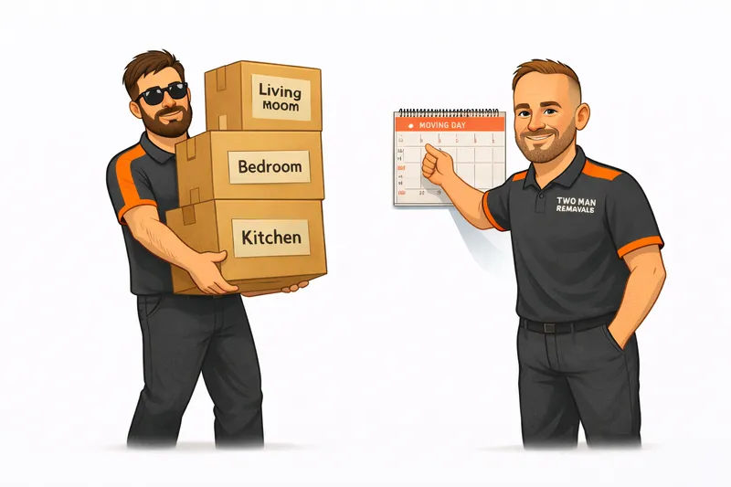 Two Man Removals team organising labelled boxes by room for moving day