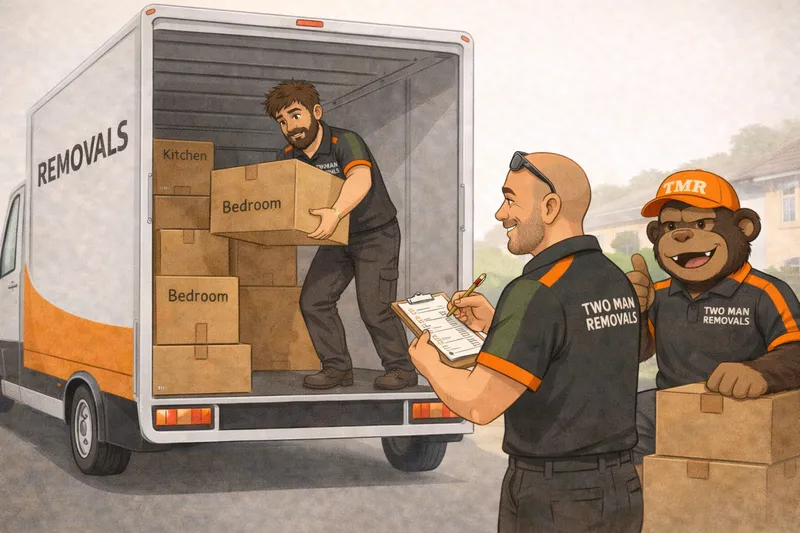 Two Man Removals team loading labelled boxes into a removal van in Plymouth