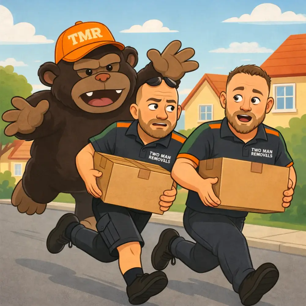 Same day man and van Plymouth — Two Man Removals crew rushing boxes down a Plymouth street