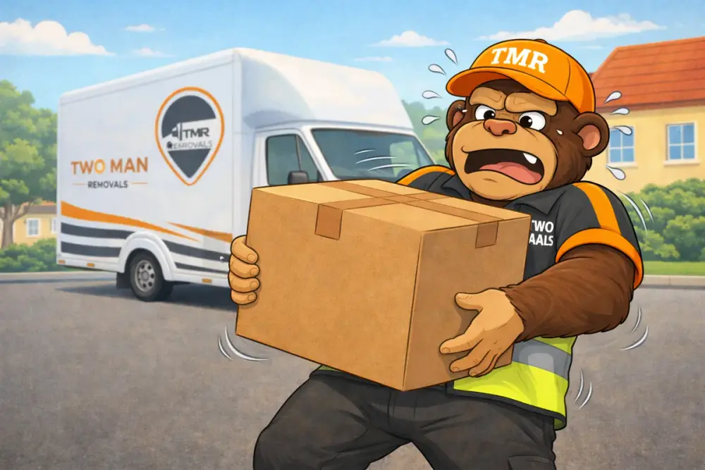 Small moves Plymouth — Two Man Removals carrying a single heavy box from the Luton van
