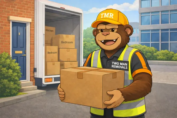 Two Man Removals team carrying furniture during a Plymouth house removal — professional movers with hi-vis